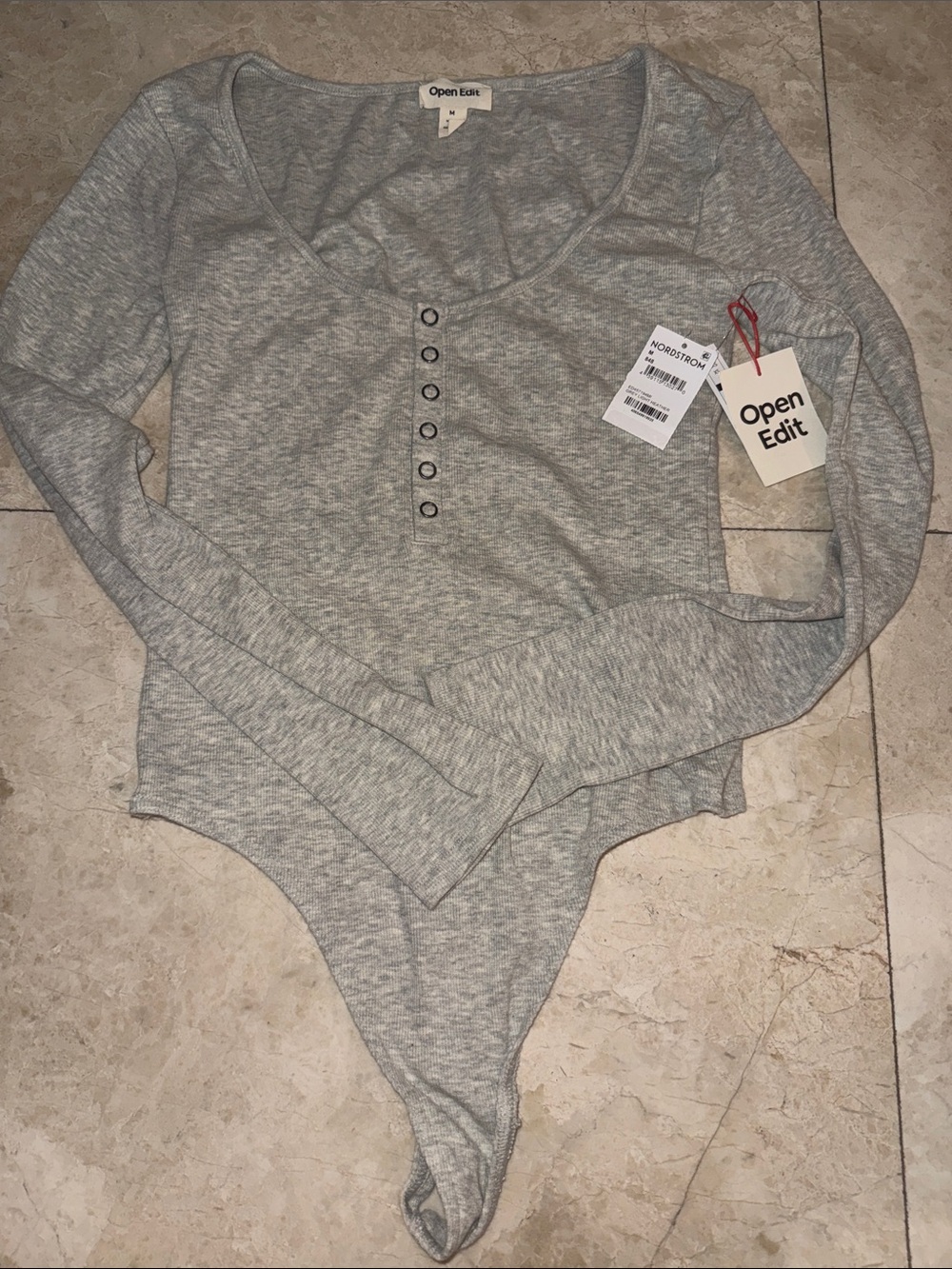 Open Edit Gray Long-Sleeve Henley One-Piece Bodysuit